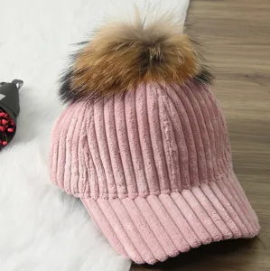 Women pink corduroy baseball cap with large furry pom pom winter warm hat stylish casual