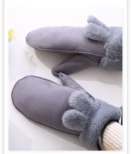 Women winter warm plush faux suede mittens cute rabbit ears thicked thermal gloves grey