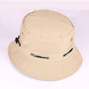 Classic khaki cotton bucket hat with black sport straps, ideal for outdoor sun protection.