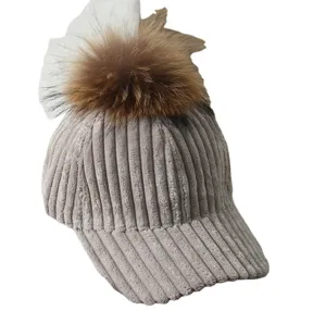 Women corduroy baseball cap with large fur pom pom winter warm striped casual hat