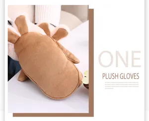 Detailed view of cute rabbit ear plush suede gloves, soft winter warm mittens for women.