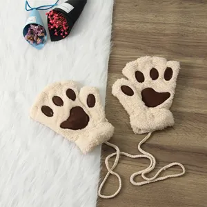 Women Winter Cute Cat Paw Half Finger Gloves Thickened Plush Warm Soft Fingerless Gloves Daily Casual Winter Wear
