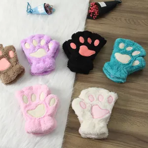 Cute winter plush cat paw half-finger gloves for women, thick fuzzy fingerless mittens.