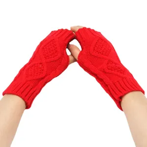 Red knit fingerless gloves for winter warmth, short cable knit design for men and women.