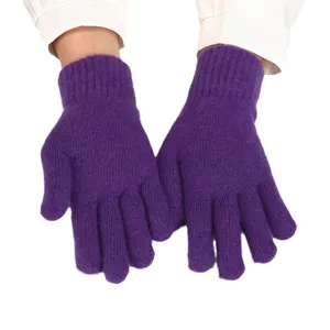 Women winter warm knitted gloves solid color thick fleece lined five finger gloves purple