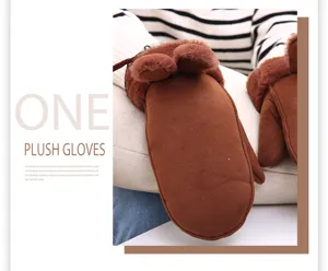 Women winter warm plush mittens cute rabbit ear suede thick gloves brown thermal wear