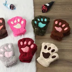 Cute winter fuzzy half-finger cat bear paw gloves for women thick warm plush fingerless mittens