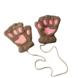 Cute fuzzy bear cat paw half-finger gloves winter warm plush fingerless mittens with string