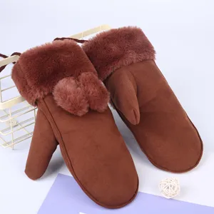 Women winter warm plush suede mittens cute rabbit ear design thick windproof gloves brown.