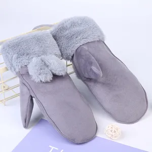 Grey cute rabbit ear plush suede mittens for women, warm winter thick fleece gloves.