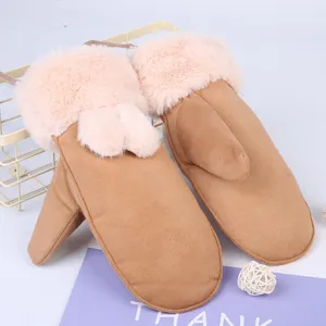 Women cute rabbit ear plush mittens winter warm thick brown suede gloves accessories