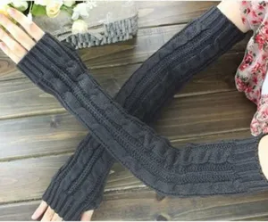 Dark grey knit arm warmers, long fingerless winter gloves for cozy daily warmth and style.