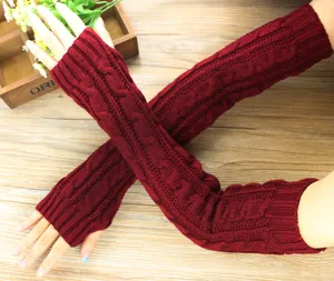 Burgundy cable knit arm warmers, winter long fingerless gloves for women and men.