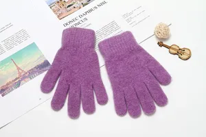 Women winter thick knitted rabbit hair five finger warm gloves purple solid color stretch mittens.