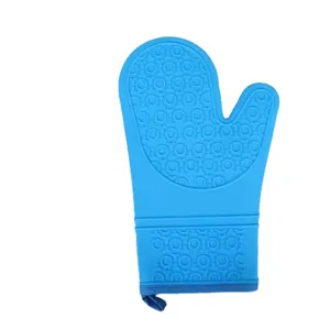 Blue silicone oven mitt with anti-slip textured pattern for safe kitchen baking use.