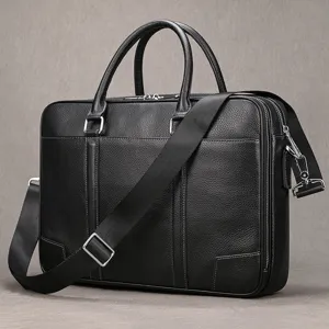 Men's genuine leather business briefcase laptop shoulder bag detailed view black