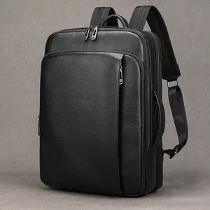 Men business leather backpack laptop back pack casual black genuine leather travel bag detail view