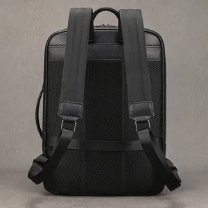 Genuine leather backpack for men, black business laptop bag with breathable mesh back panel.