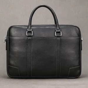 Men's Black Leather Business Briefcase Top Grain Cowhide Laptop Handbag Detail View