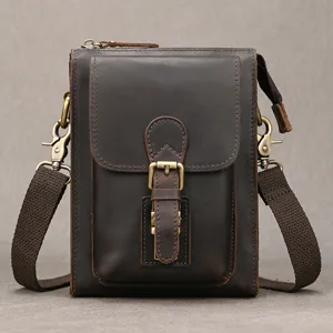 Herren Vintage Echtleder Umhängetasche Crazy Horse Rindsleder Kleine Crossbody Handytasche Gürtelschlaufe Outdoor Gürteltasche