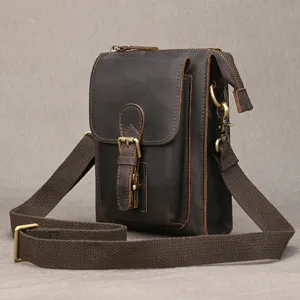 Vintage Herren echtes Leder kleine Umhängetasche, lässige Crazy Horse Leder Handytasche.