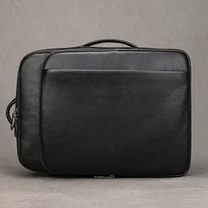Men Business Laptop Backpack First Layer Cowhide Genuine Leather Fashion Commuter School Bag Large Capacity Travel Daypack Black Coffee