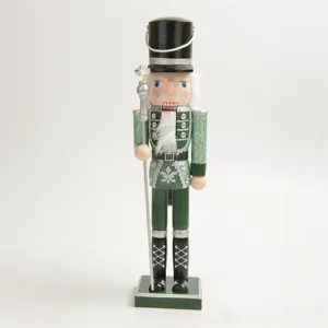 38cm Wooden Nutcracker Soldier Christmas Decoration Green Glitter Hand-Painted Nutcracker Figurine With Scepter For Home Holiday Party Gift