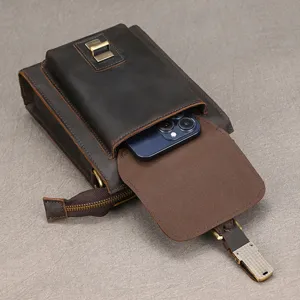 Retro Echtleder Handytasche Detailansicht, rindsleder Crazy Horse Leder mit Metallclip Gürteltasche.