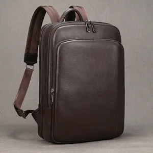 Men genuine leather business laptop backpack stylish brown casual school rucksack