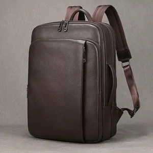 Detailed view of the premium brown leather men's business backpack, elegant texture and durable.