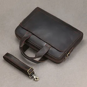 Borsa da lavoro da uomo in vera pelle vintage, borsa per laptop con tracolla rimovibile.