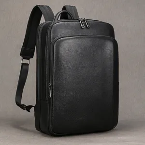 Premium black genuine leather men business laptop backpack with double zippers and durable straps.