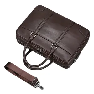 Genuine leather business briefcase for men, large capacity laptop bag with shoulder strap.
