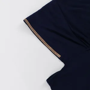 Navy blue mercerized cotton headscarf detail with sparkling rhinestone trim for stylish wear.