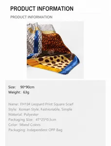 Leopard print satin square scarf, stylish Korean style fashion women head wrap 90x90cm