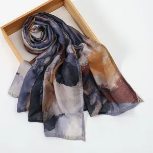 Digital print abstract long scarf shawl, chic ethnic style women sun protection neck wrap.