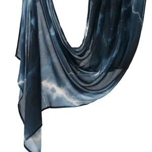 Chic printed wide scarf for women, fashionable dark blue rayon sun protection shawl hijab.