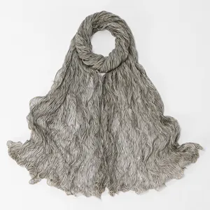 Detailed view of the elastic stripe printed bubble crepe long scarf with lettuce edge design.