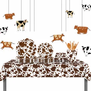 Cow print birthday party tablecloth paper plates cups tableware set detail showcase.