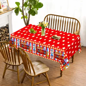 Mantel de plastico PE tema circo carnaval, estrellas blancas rojas rectangular para fiesta genial.