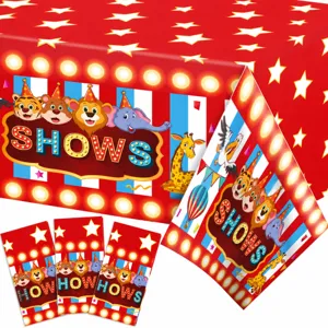 Mantel Desechable con Tema de Circo de Carnaval Estrella Roja Animal de Dibujos Animados Cubierta de Mesa de Plástico para Fiesta