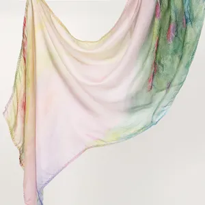 Women's artistic watercolor printed rayon long scarf, elegant draped shawl, soft fashion accessory.