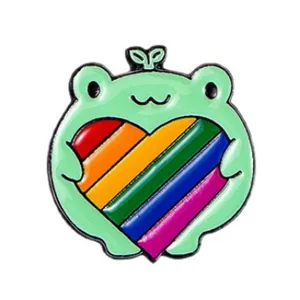 Cute green frog enamel pin with rainbow heart and sprout design, perfect jacket and bag metal badge accessory.