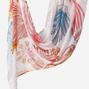 Delicate rayon long scarf featuring vibrant botanical prints, soft fabric detail shot.