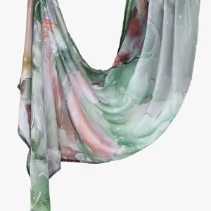 Rayon long scarf in green pink watercolor print, stylish ethnic hijab and versatile women's shawl.