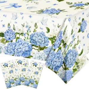 Blue Hydrangea Birthday Party Tablecloth Disposable PE Plastic Table Cover Waterproof Rectangular Table Cloth