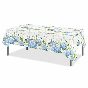 Blue hydrangea patterned PE tablecloth detail, waterproof and disposable for party decor.