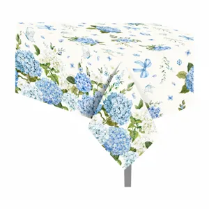 Blue hydrangea party tablecloth detail showing the floral pattern and disposable PE material.