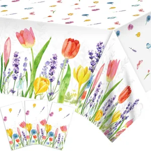 Nappe de Table Jetable en Plastique Papillon Tulipe de Printemps Nappe de Fête Imperméable pour Décoration de Fête d'Anniversaire