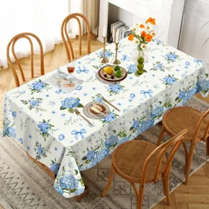 Blue hydrangea pattern party table cloth, elegant floral design dining table cover for home decor.